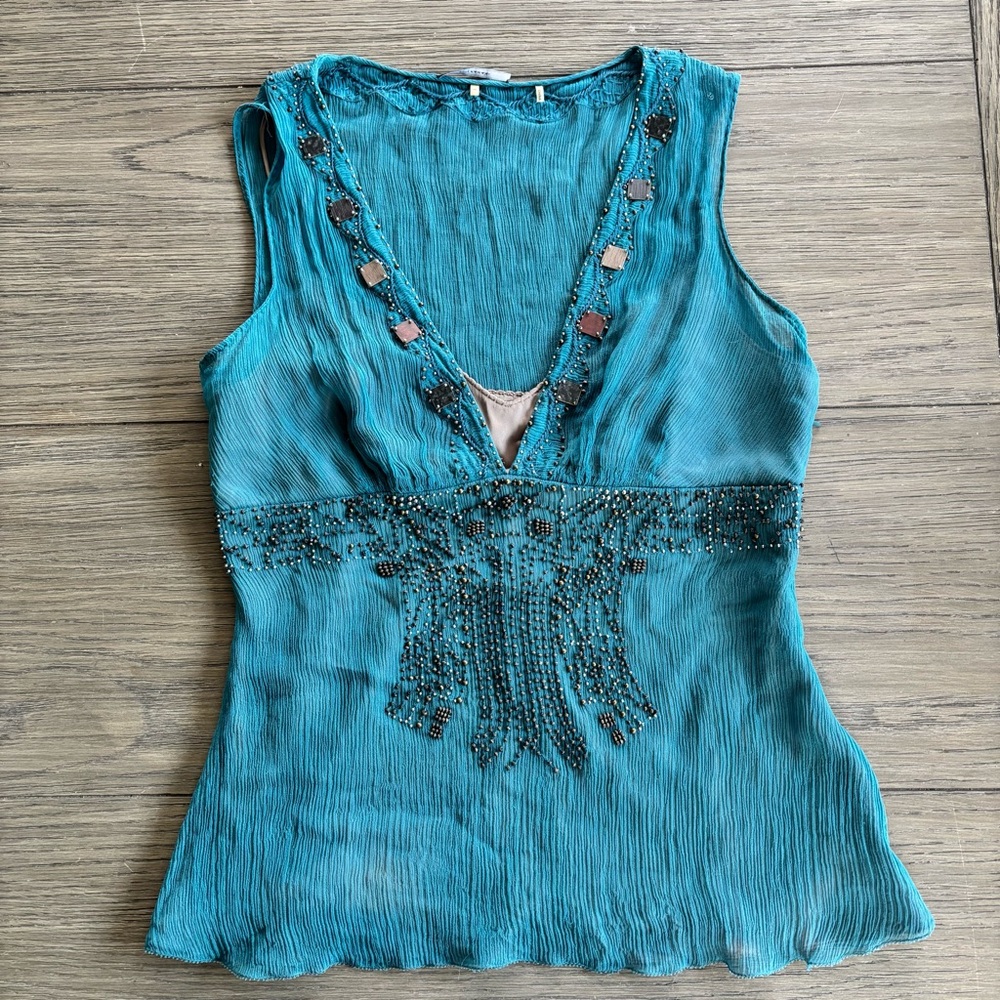 Elie Tahari Turquoise Beaded Sleeveless Blouse